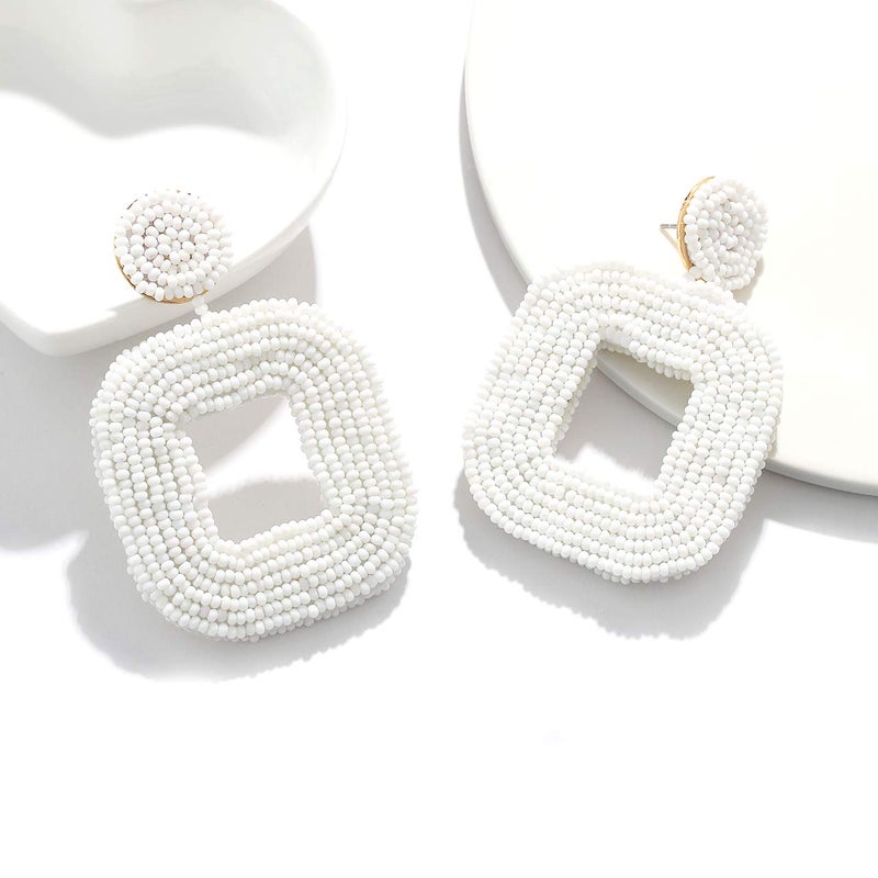 Boderier Beaded Drop Earrings Bohemian Beaded Square Hoop Dangle Statement Earrings (White) - Image 4